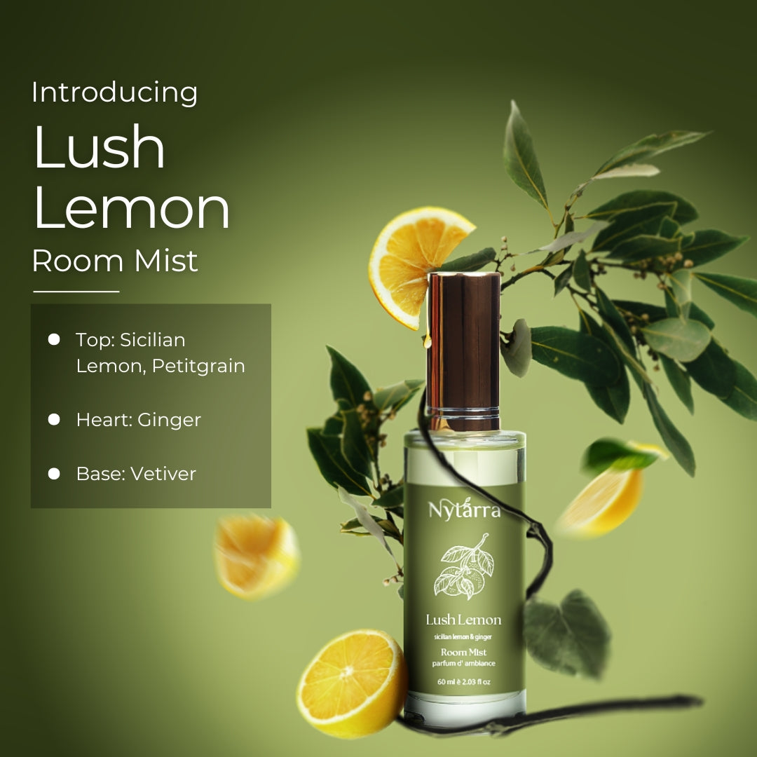 Lush Lemon Room Mist by Nytarra, featuring Sicilian lemon, petitgrain, ginger, and vetiver, set against a fresh green backdrop.