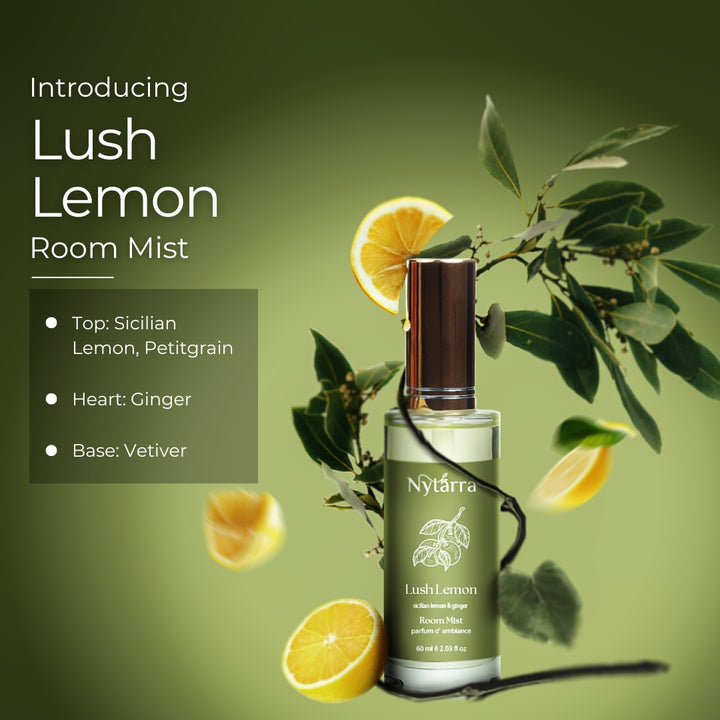 Lush Lemon Room Mist by Nytarra, featuring Sicilian lemon, petitgrain, ginger, and vetiver, set against a fresh green backdrop.