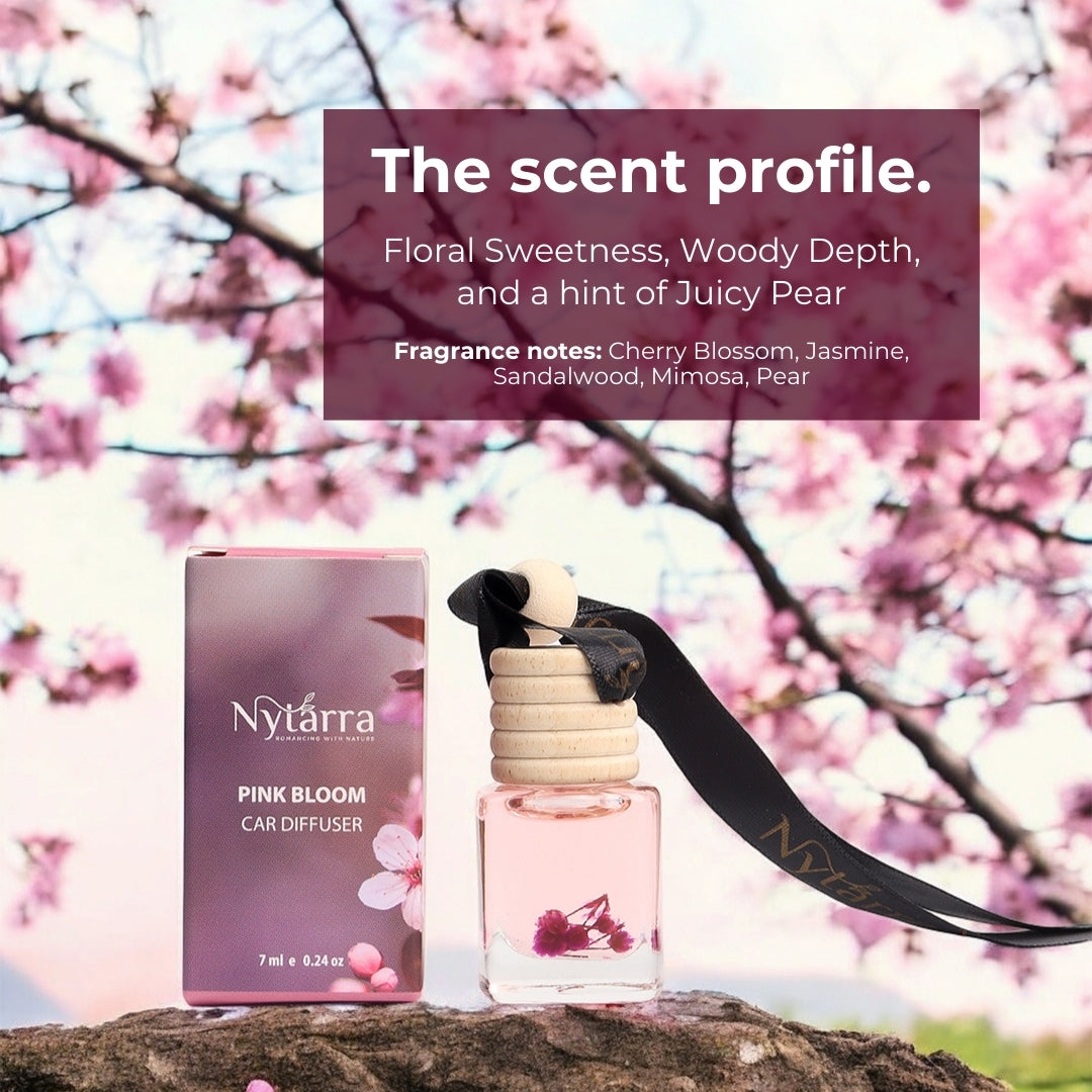 Nytarra Pink Bloom car diffuser with floral and woody scent notes of cherry blossom, jasmine, sandalwood, mimosa, and pear.