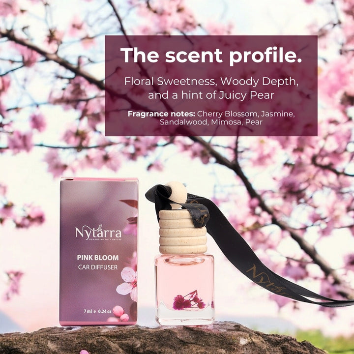 Nytarra Pink Bloom car diffuser with floral and woody scent notes of cherry blossom, jasmine, sandalwood, mimosa, and pear.