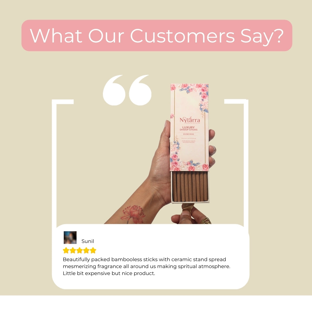 Customer review of Nytarra Luxury Dhoop Sticks, highlighting their bamboo-free design, ceramic stand, and mesmerizing fragrance.