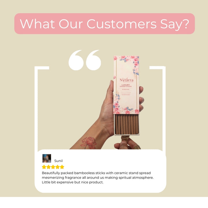 Customer review of Nytarra Luxury Dhoop Sticks, highlighting their bamboo-free design, ceramic stand, and mesmerizing fragrance.