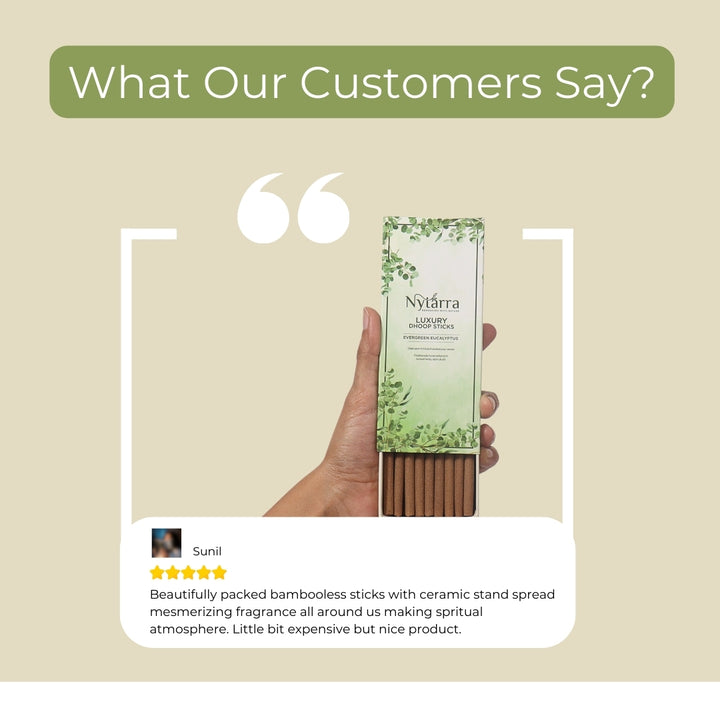 Customer review of Nytarra Luxury Dhoop Sticks, highlighting their bamboo-free design, ceramic stand, and mesmerizing fragrance.