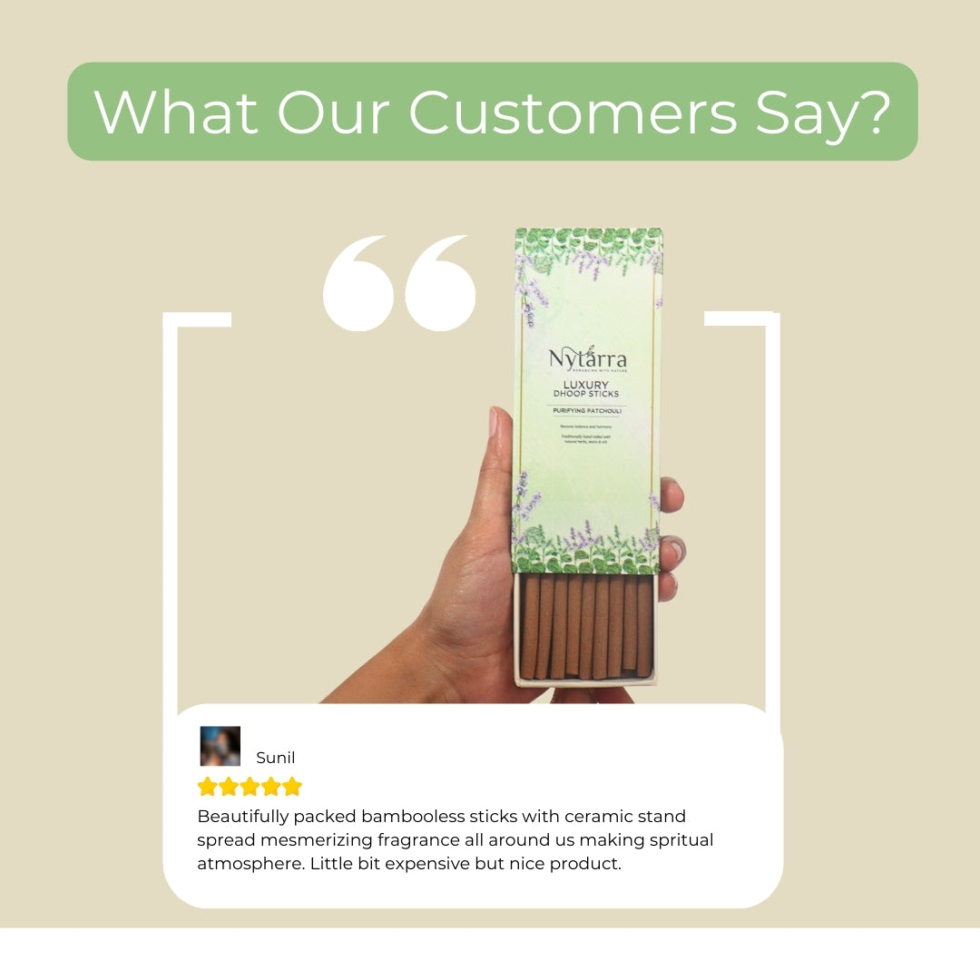 Customer review of Nytarra Luxury Dhoop Sticks, highlighting their bamboo-free design, ceramic stand, and mesmerizing fragrance.