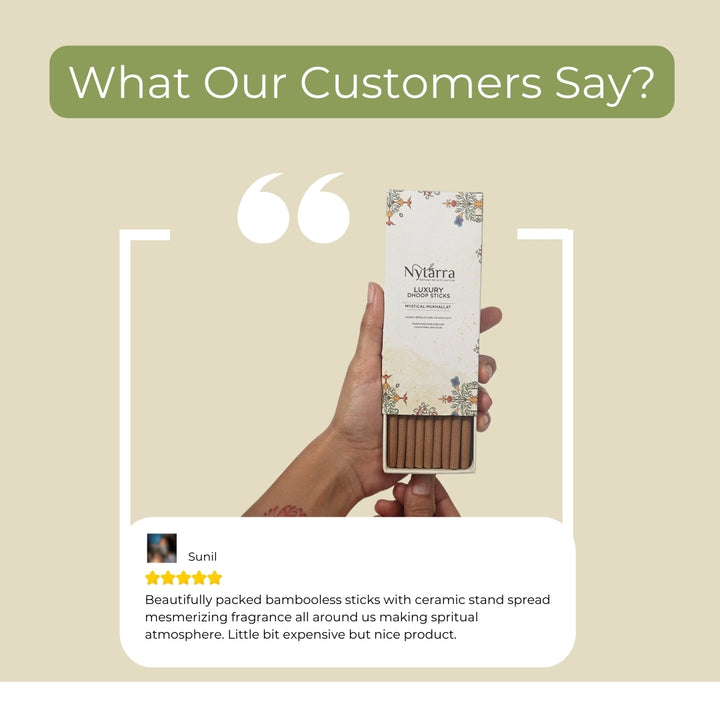 Customer review of Nytarra Luxury Dhoop Sticks, highlighting their bamboo-free design, ceramic stand, and mesmerizing fragrance.