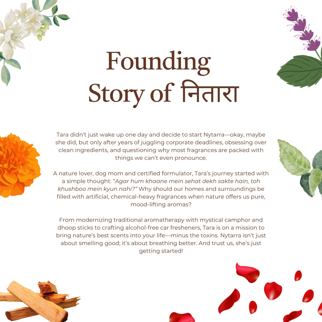 Founding story of Nytarra, highlighting Tara's journey in creating clean, toxin-free fragrances inspired by nature's pure aromas.