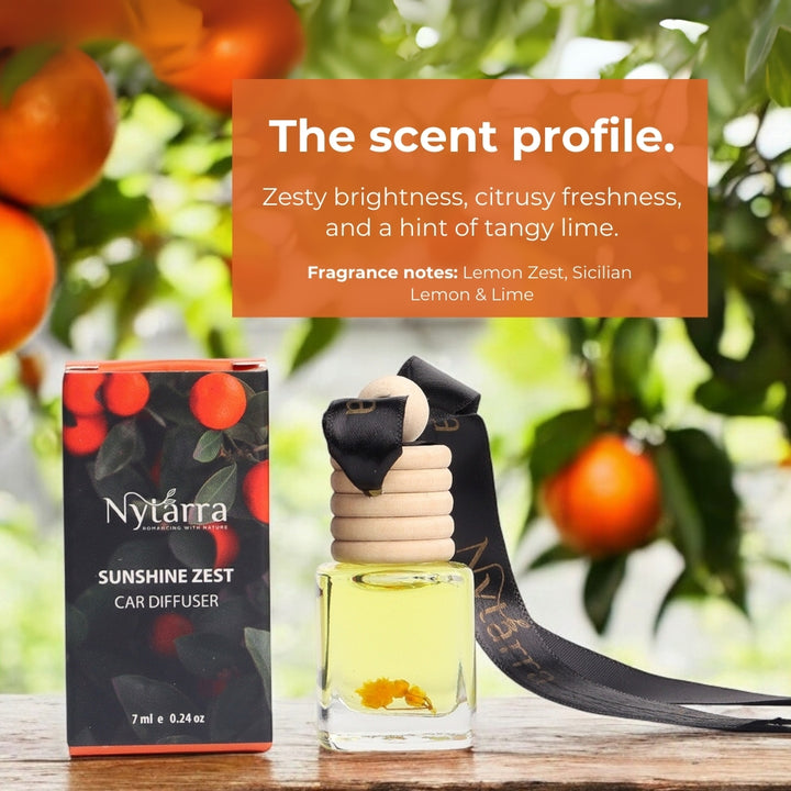 Nytarra Sunshine Zest car diffuser with a bright, citrusy fragrance featuring notes of lemon zest, Sicilian lemon, and tangy lime.