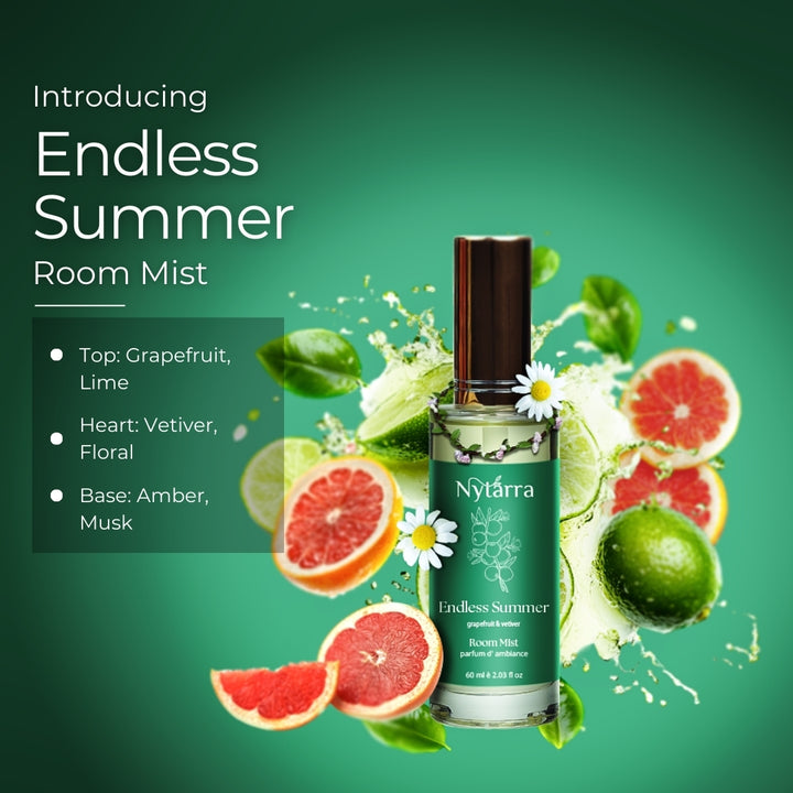 Endless Summer Room Mist by Nytarra, with grapefruit, lime, vetiver, floral notes, amber, and musk, set against a vibrant green splash.