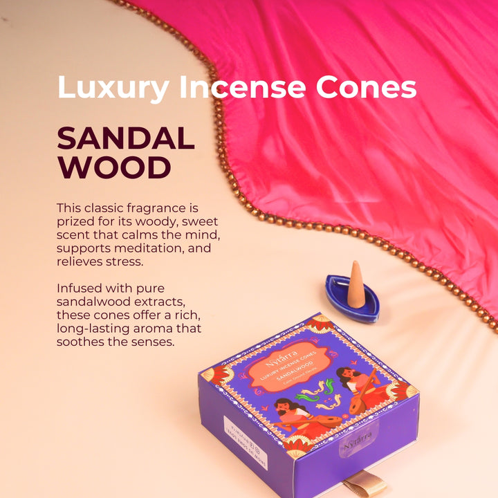 Nytarra Sandalwood luxury incense cones, infused with pure sandalwood extracts, offer a rich, long-lasting, and soothing aroma.