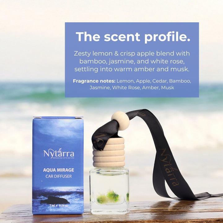 Nytarra Aqua Mirage car diffuser with a fresh and invigorating scent combining lemon, crisp apple, cedar, bamboo, jasmine, white rose, amber, and musk.