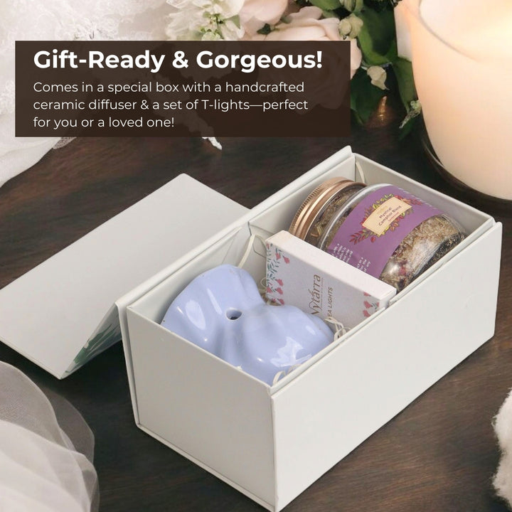 This gift set looks elegant and perfect for special occasions! The handcrafted ceramic diffuser, T-lights, and Nytarra Mystical Camphor Blend make it a thoughtful present. 