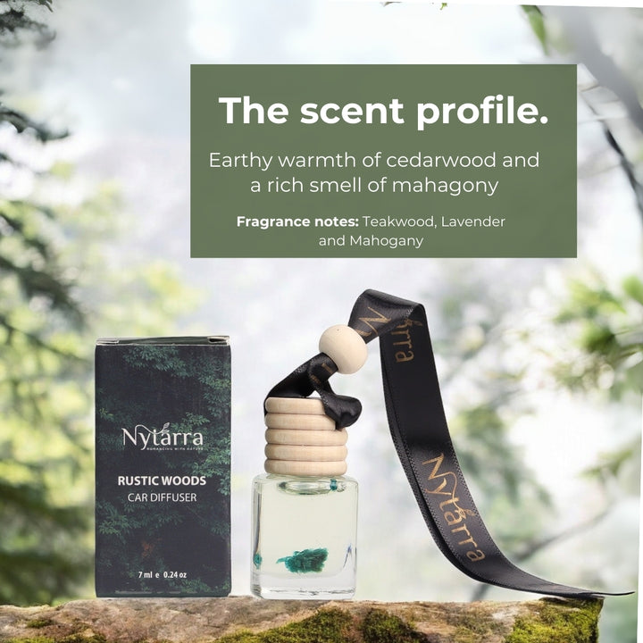 Nytarra "Rustic Woods" car diffuser featuring the earthy warmth of cedarwood and a rich mahogany aroma, with fragrance notes of teakwood, lavender, and mahogany.
