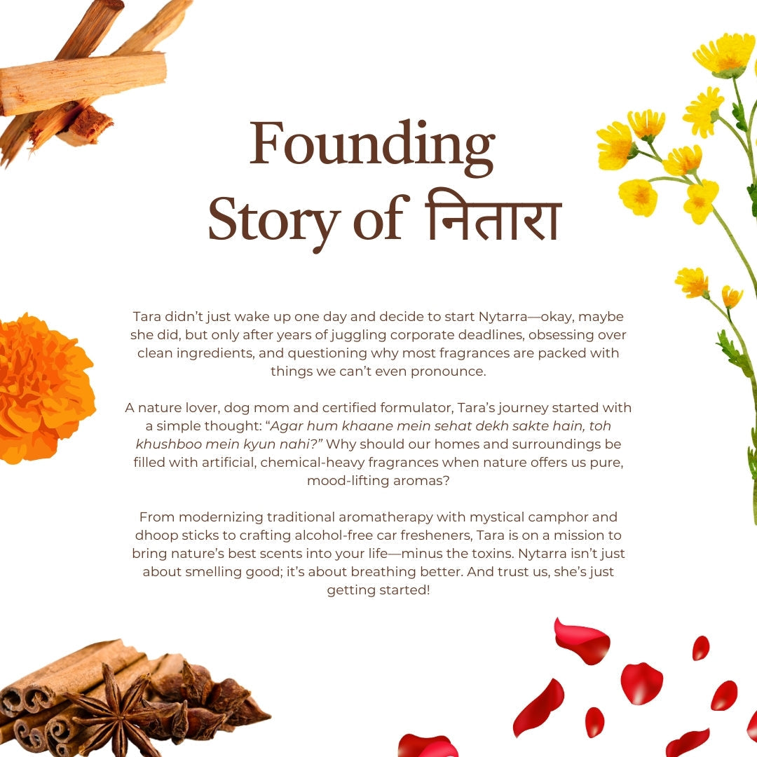 Founding story of Nytarra, highlighting Tara's journey to creating natural, toxin-free fragrances inspired by aromatherapy.