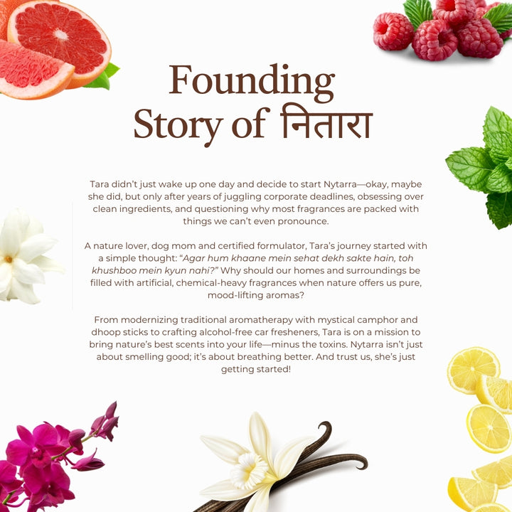 Founding story of Nytarra, highlighting Tara's journey to creating natural, toxin-free fragrances inspired by aromatherapy.