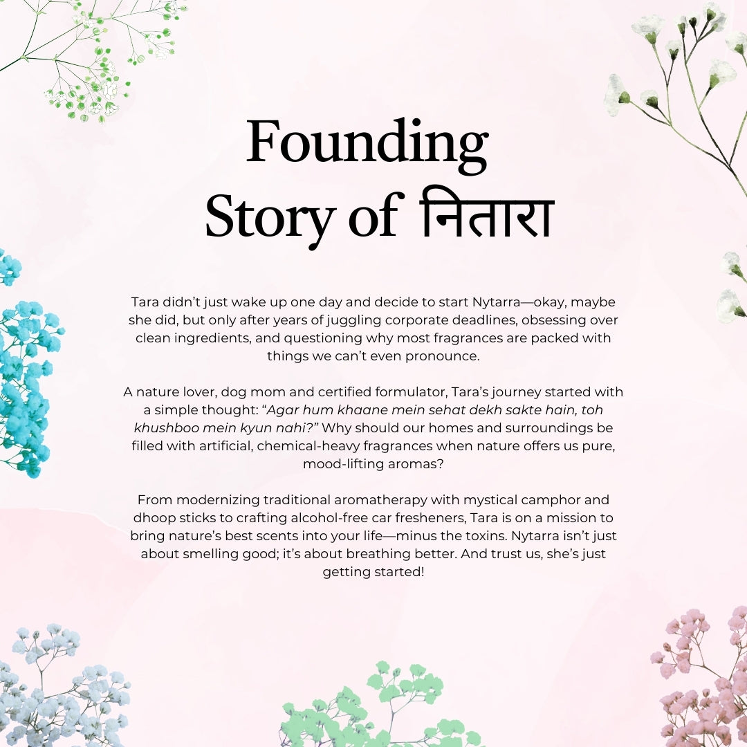 Nytarra's founding story describes Tara's journey from corporate life to creating toxin-free fragrances inspired by nature.