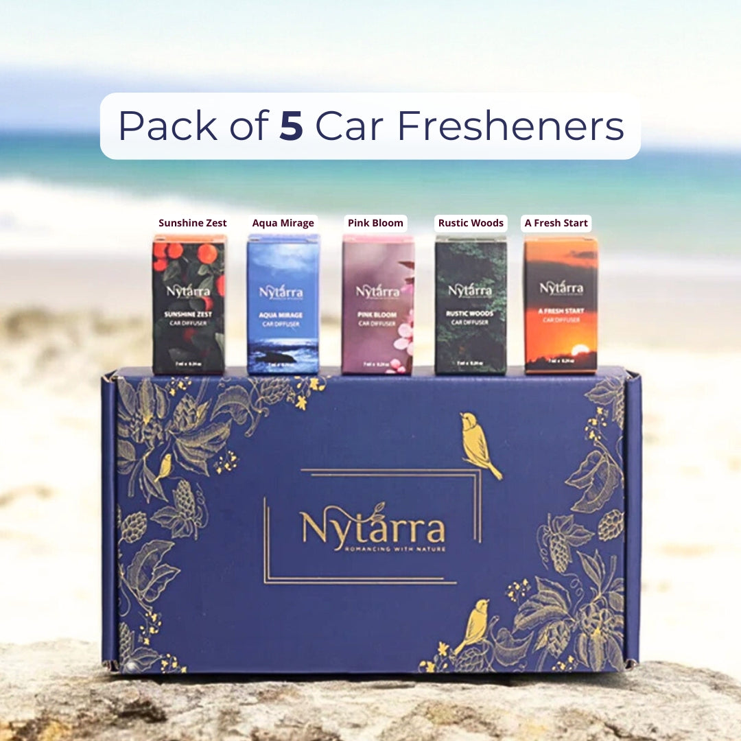Nytarra's premium gift box with five signature car fresheners, beautifully packaged for a fresh and fragrant driving experience. 