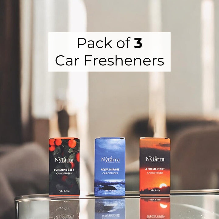 Nytarra car diffusers: Sunshine Zest, Aqua Mirage, and A Fresh Start—refreshing scents for an invigorating drive.