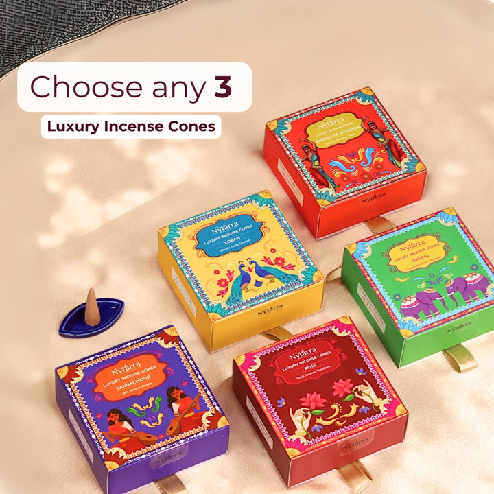 Nytarra luxury incense cones in vibrant, decorative boxes, available in multiple fragrances. Choose any three for a calming aroma.