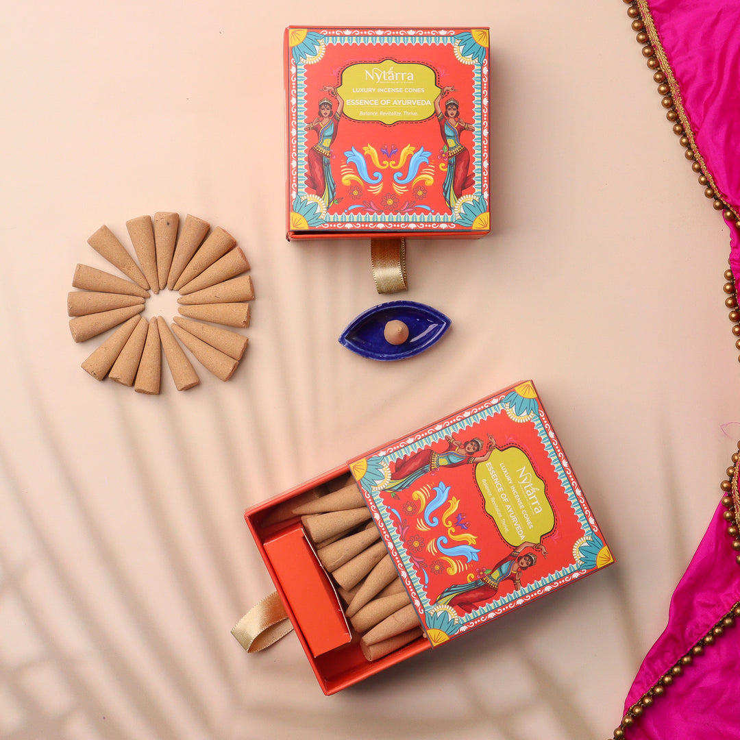 Nytarra Essence of Ayurveda luxury incense cones, infused with sacred herbs and resins, release a calming, holistic aroma.