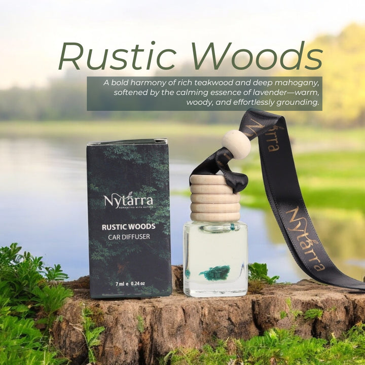 Nytarra Rustic Woods car diffuser with teakwood and mahogany scent, featuring a stylish wooden lid and nature-inspired packaging.