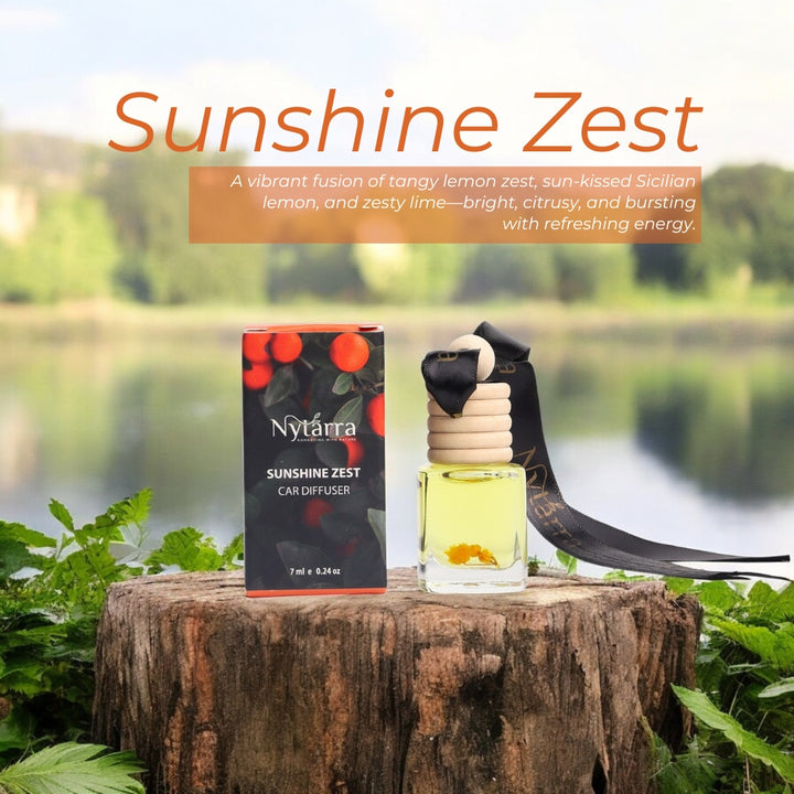 Nytarra Sunshine Zest car diffuser with lemon and lime scent, featuring a wooden lid, citrusy yellow liquid, and vibrant packaging.
