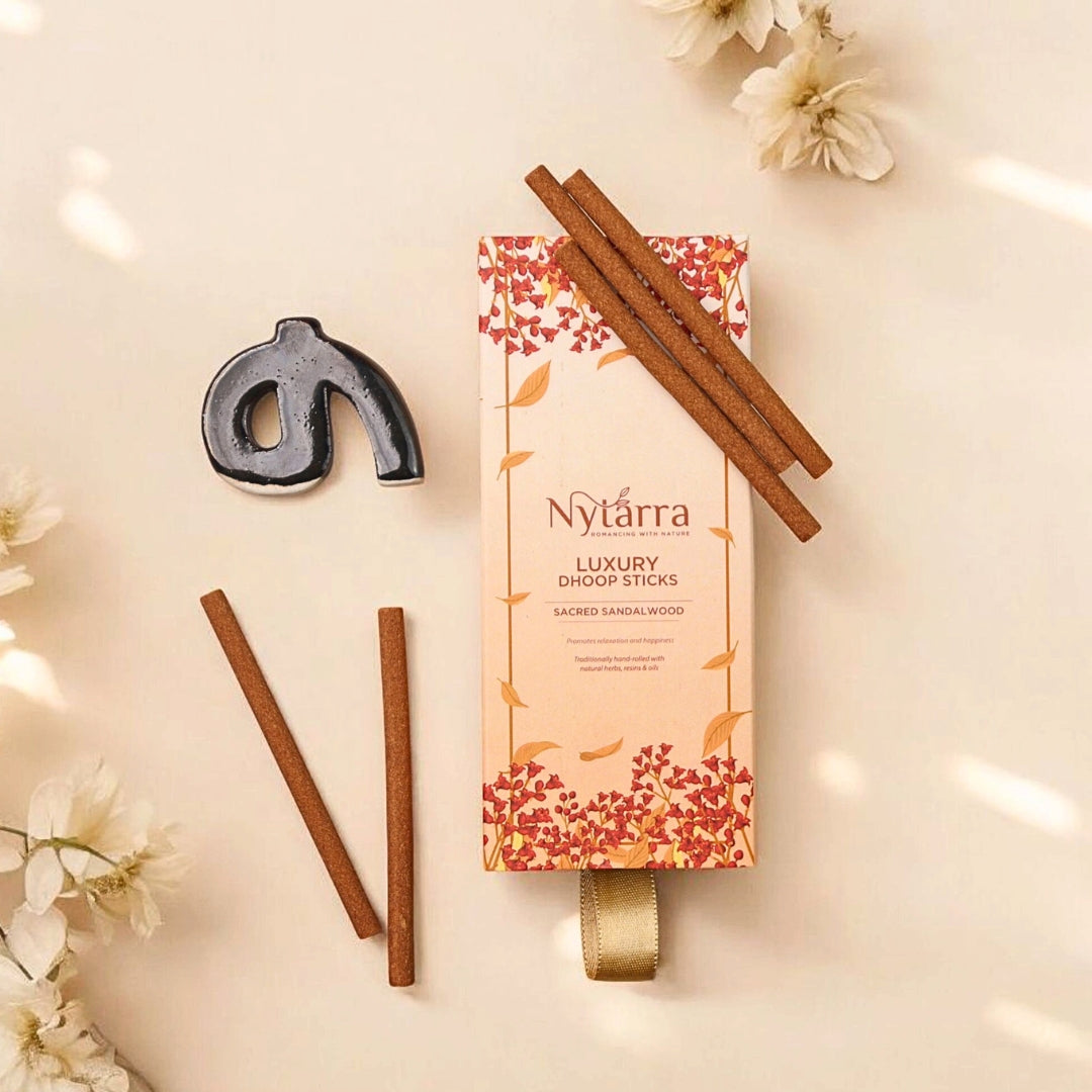 Nytarra Luxury Dhoop Sticks - Sacred Sandalwood, 100% natural, charcoal-free, handmade, with a special holder. 9 cm, long burn time.
