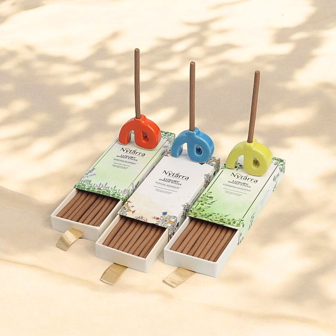 Nytarra's luxury dhoop sticks come in three variants with ceramic holders, offering a natural, eco-friendly aromatic experience.