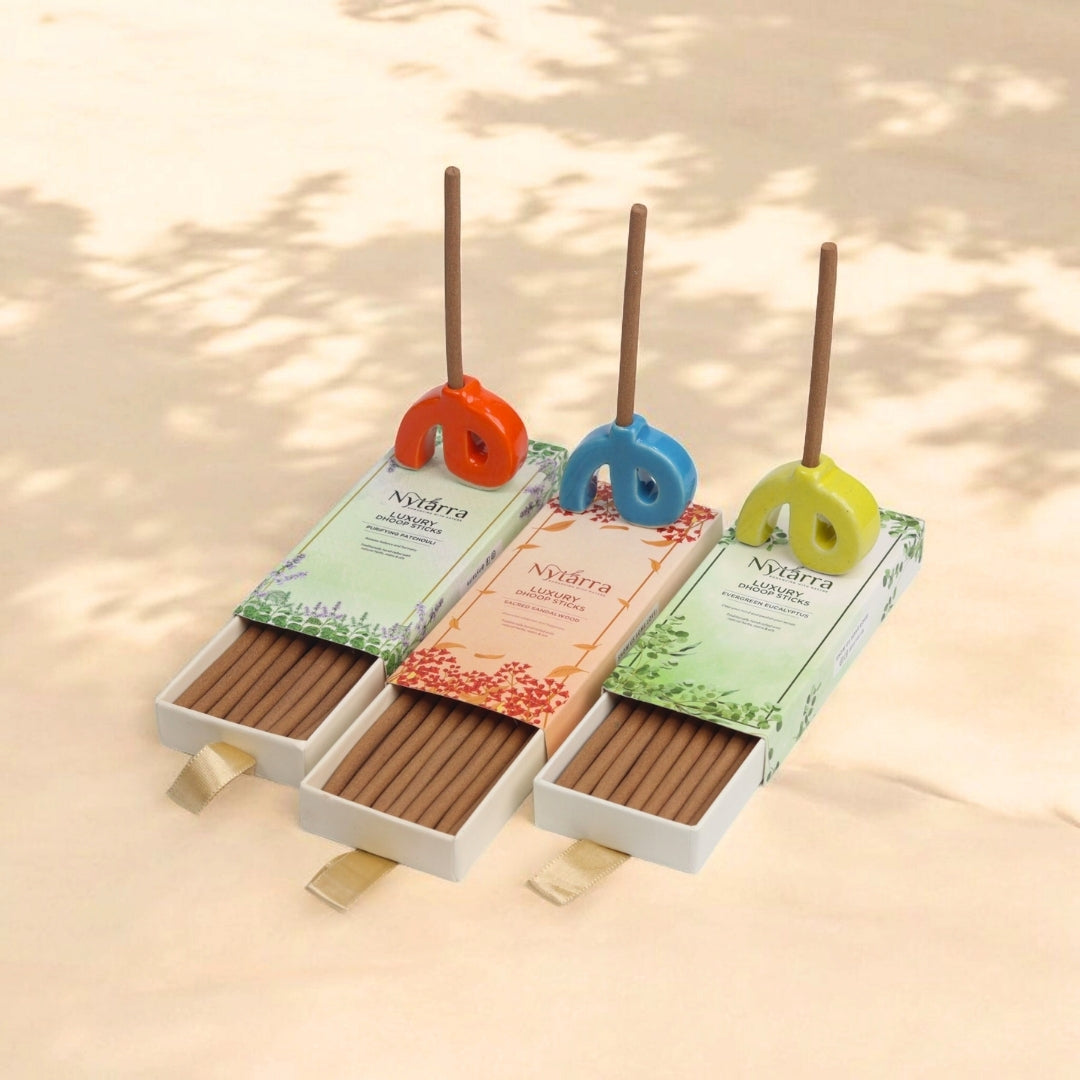 Luxury dhoop sticks with a special Nytarra holder. Bambooless, charcoal-free, handmade, and eco-friendly for a pure experience.