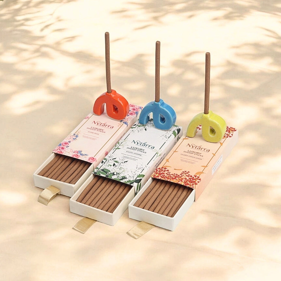 Nytarra's luxury dhoop sticks with eco-friendly packaging and ceramic holders, offering a refined aromatic experience.