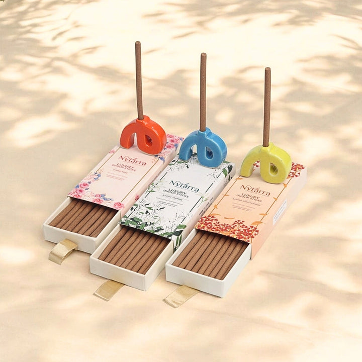 Nytarra's luxury dhoop sticks with eco-friendly packaging and ceramic holders, offering a refined aromatic experience.