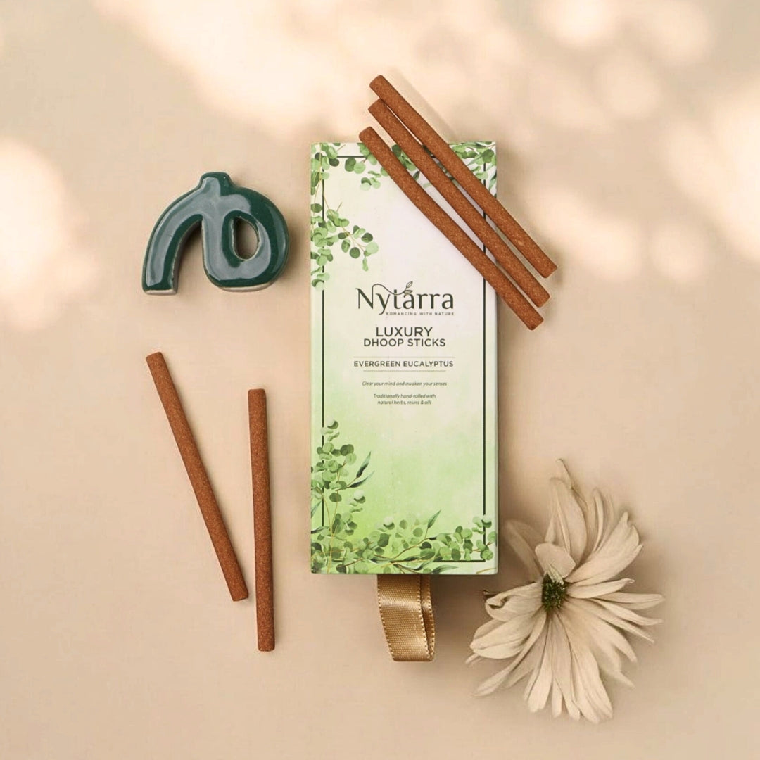 Nytarra Luxury Dhoop Sticks in Evergreen Eucalyptus, featuring natural, charcoal-free incense with a green ceramic holder.