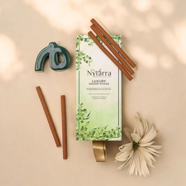 Nytarra Luxury Dhoop Sticks in Evergreen Eucalyptus, featuring natural, charcoal-free incense with a green ceramic holder.