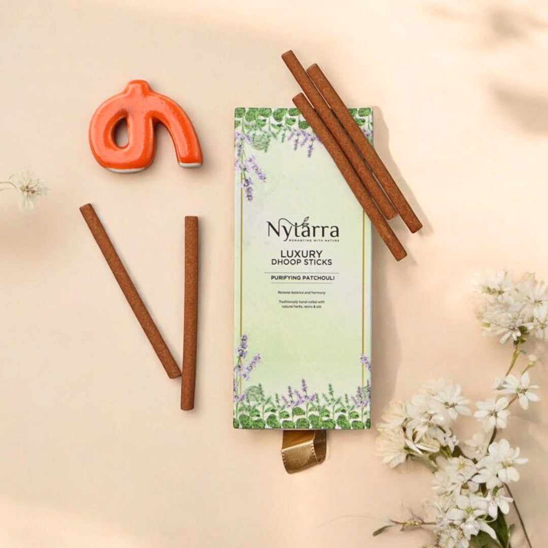 Nytarra Luxury Dhoop Sticks - Purifying Patchouli, handmade, charcoal-free, natural, soothing aroma with a ceramic holder.
