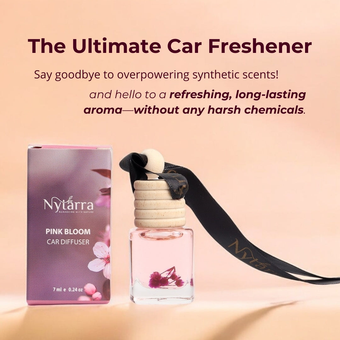 Nytarra Pink Bloom car diffuser with a floral design, offering a refreshing, long-lasting aroma without harsh chemicals.
