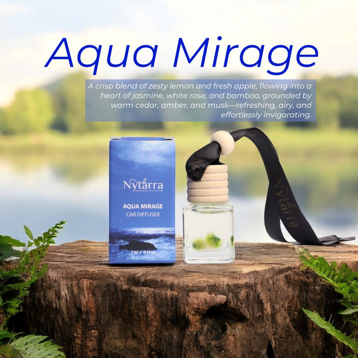 Nytarra Aqua Mirage car diffuser with a refreshing scent, easy setup steps, and a glowing customer review for long-lasting freshness.