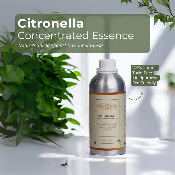 Nytarra Citronella Concentrated Essence in a silver bottle with a natural, eco-friendly label, placed on a white surface with plants.