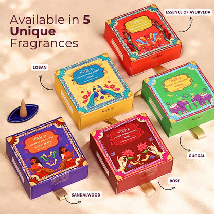 Available in 5 unique fragrances—Loban, Sandalwood, Rose, Guggal, and Essence of Ayurveda—for a rich, aromatic experience.