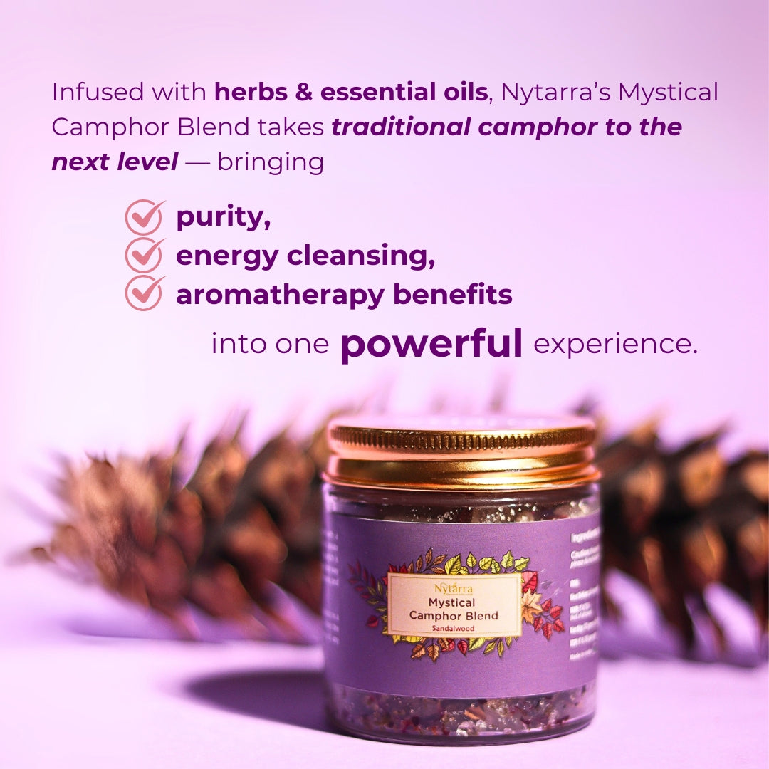 Nytarra Mystical Camphor Blend infused with herbs and essential oils for purity, energy cleansing, and aromatherapy benefits.