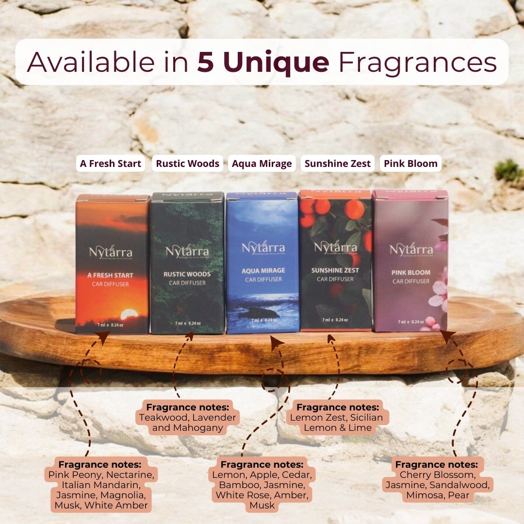 Nytarra's car diffusers are available in five unique fragrances with rich scent notes for a fresh and long-lasting aroma.