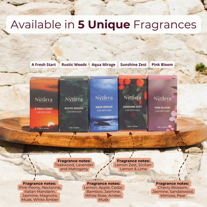Nytarra's car diffusers are available in five unique fragrances with rich scent notes for a fresh and long-lasting aroma.