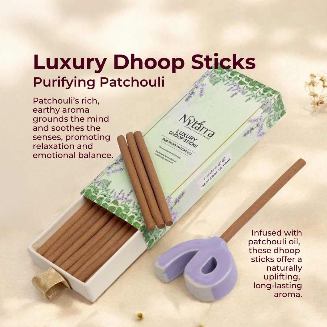 Luxury Dhoop Sticks - Purifying Patchouli, handmade, bamboo-less, charcoal-free, infused with patchouli for a grounding aroma.