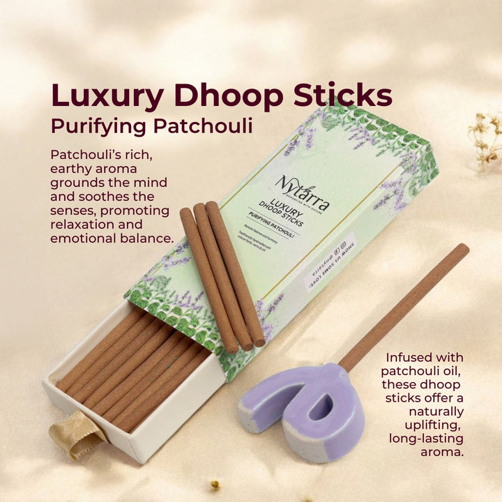 Luxury Dhoop Sticks - Purifying Patchouli, handmade, bamboo-less, charcoal-free, infused with patchouli for a grounding aroma.