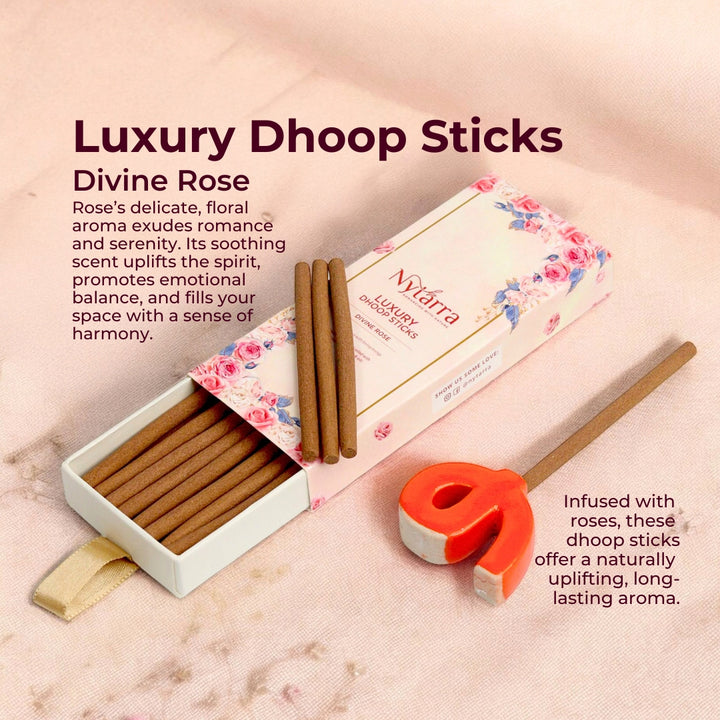 Nytarra Luxury Dhoop Sticks in Divine Rose scent, elegantly packed with a floral design, offering a soothing, long-lasting aroma.