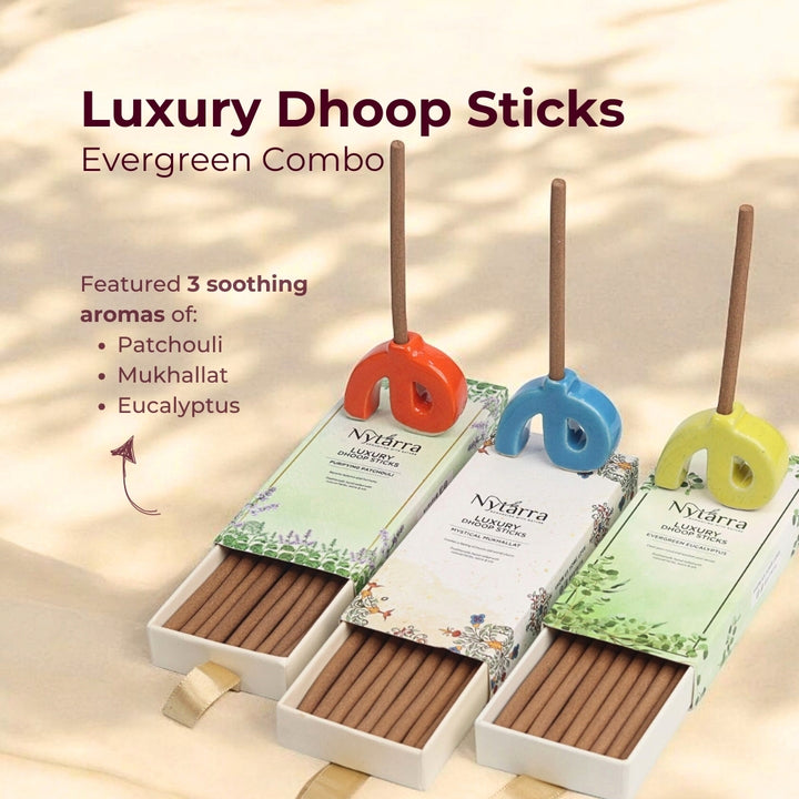 Nytarra's Luxury Dhoop Sticks Evergreen Combo features Patchouli, Mukhallat, and Eucalyptus scents with ceramic holders.