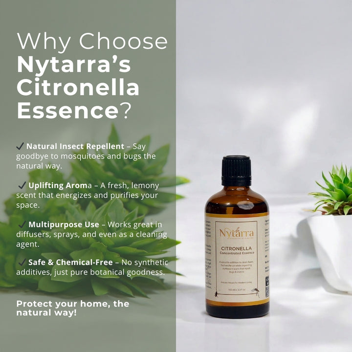 Nytarra Citronella Essence in an amber glass bottle with a natural label, placed on a white surface with green succulents, highlighting its benefits as a natural insect repellent.