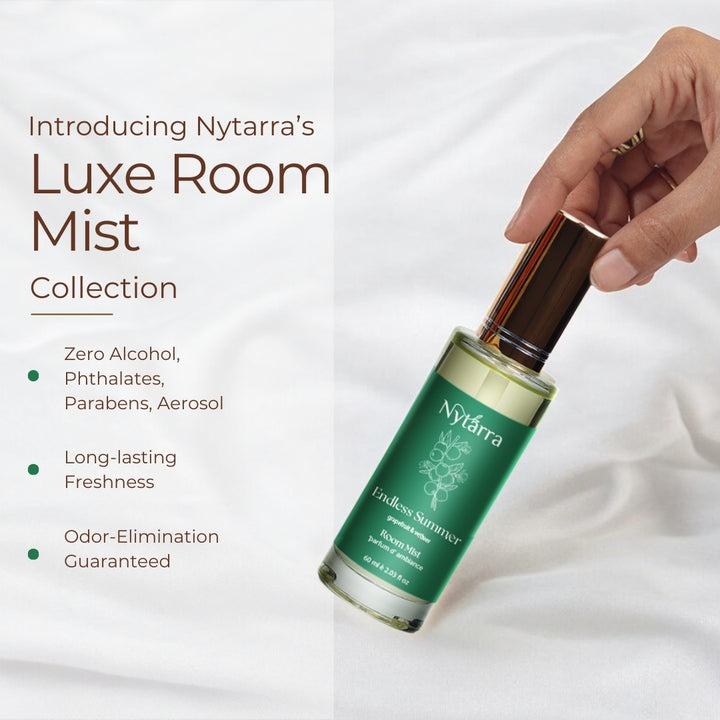 Nytarra’s Luxe Room Mist Collection – Alcohol-free, long-lasting freshness, and guaranteed odor elimination for a naturally refreshing space.