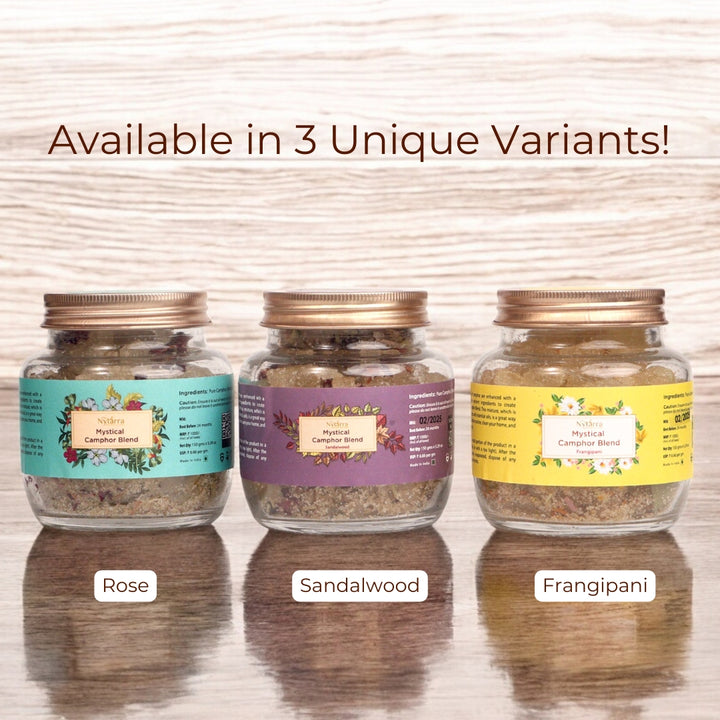 Nytarra Mystical Camphor Blend is available in three variants—Rose, Sandalwood, and Frangipani—for a unique aromatic experience.