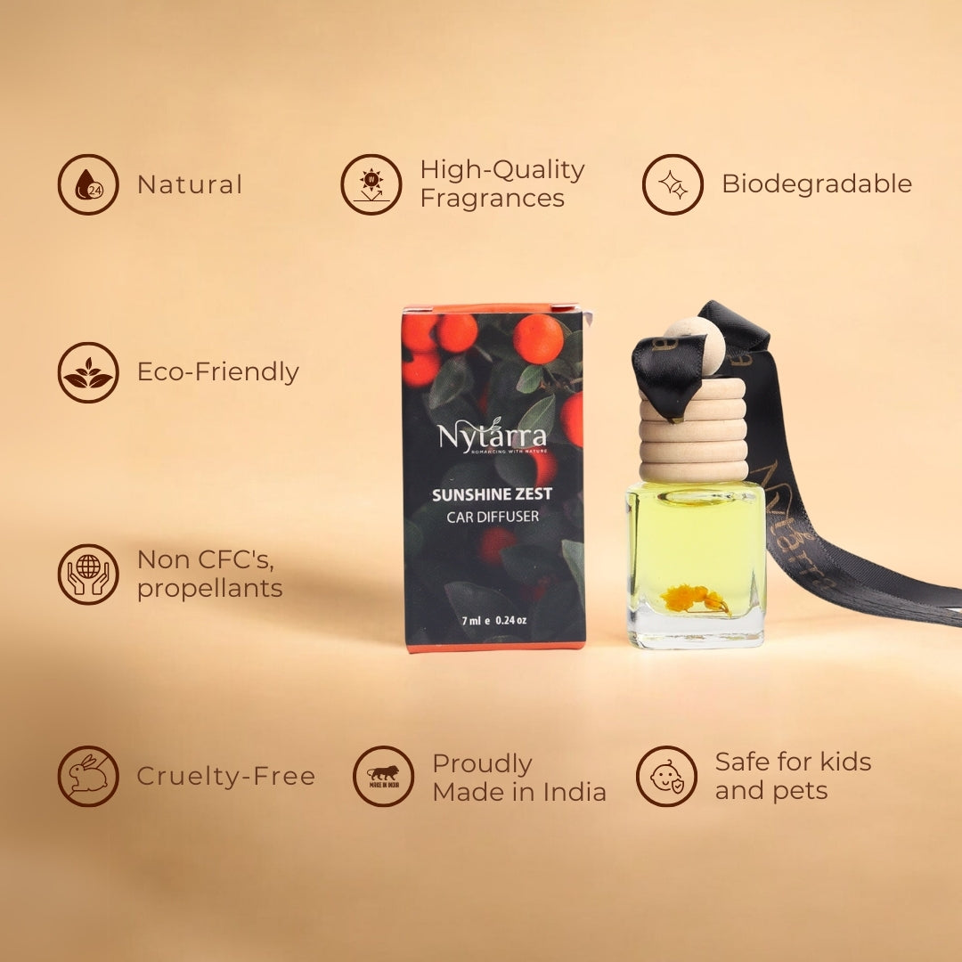  Nytarra Sunshine Zest car diffuser with eco-friendly, biodegradable, cruelty-free fragrance, safe for kids and pets.