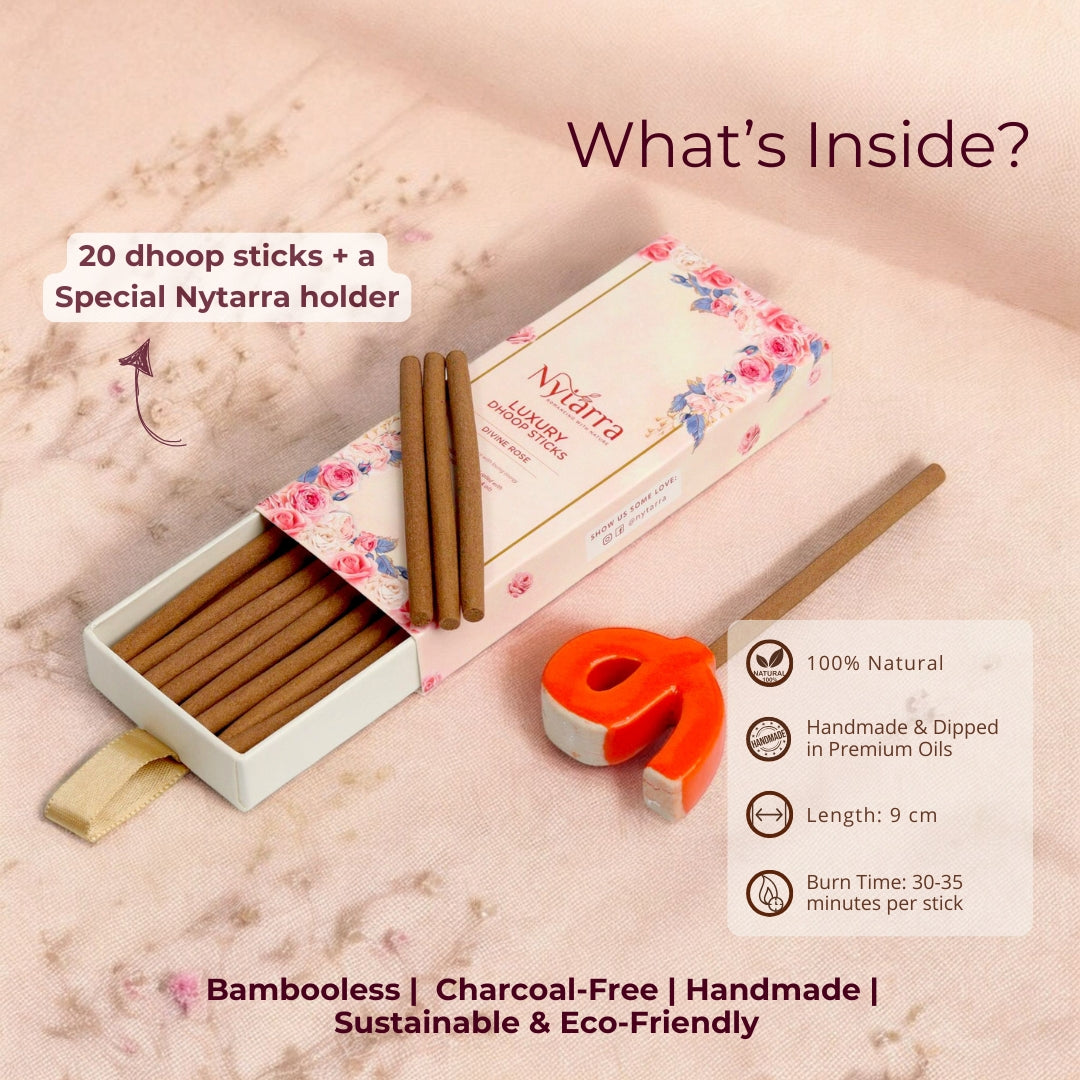 Nytarra Luxury Dhoop Sticks - Divine Rose, 100% natural, charcoal-free, handmade, with a special holder. 9 cm, 30-35 min burn time.