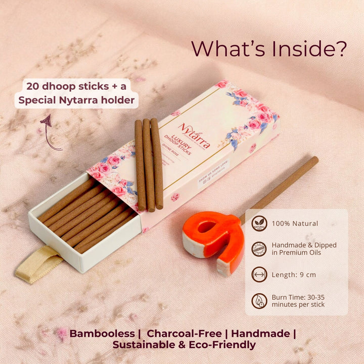 Nytarra Luxury Dhoop Sticks - Divine Rose, 100% natural, charcoal-free, handmade, with a special holder. 9 cm, 30-35 min burn time.